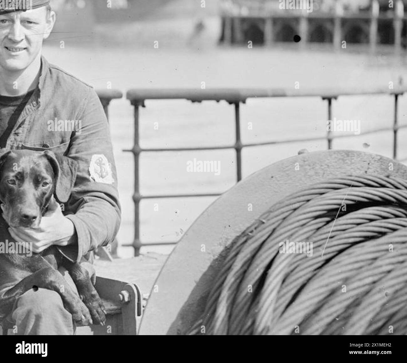 MITGLIEDER DER CREW DES PADDELBOOTES SS GLENMORE. 7. SEPTEMBER 1943, HARWICH TOWN. - Peggy, das schwarze Retriever-Maskottchen der GLENMORE, mit Seaman J R Fleming, DSM, Stockfoto