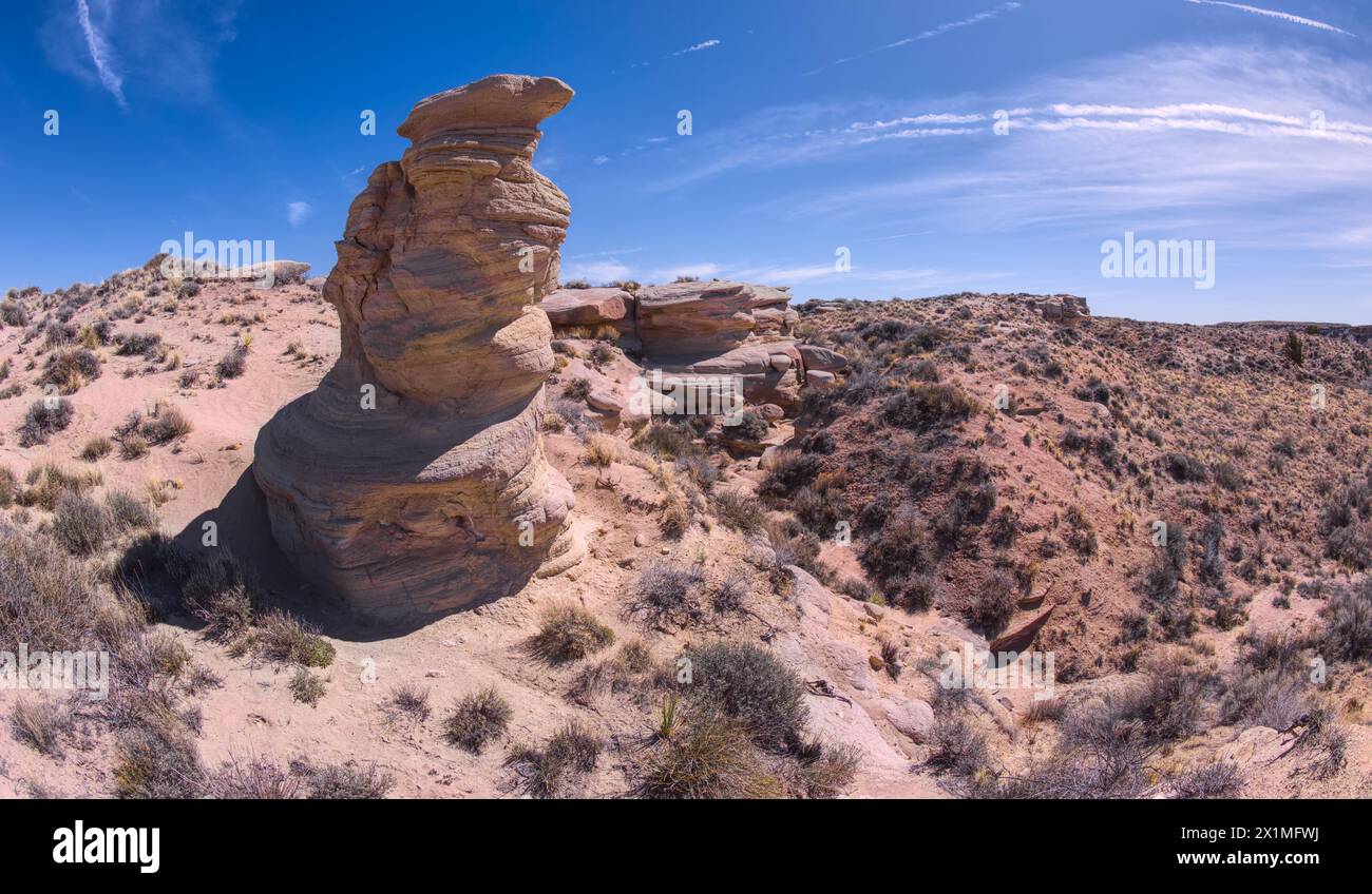 Ein Hoodoo namens Zuni Warrior am Rande einer Klippe nahe Hamilili Point im Petrified Forest National Park Arizona. Hamilili ist ein Zuni-Wort, das ich habe Stockfoto