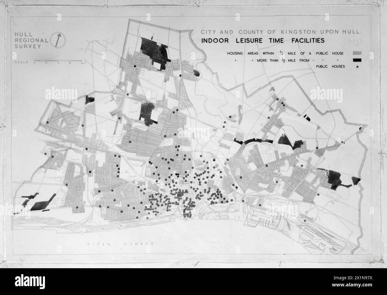 Eine Karte aus dem Jahr 1939 zeigt die Verteilung von öffentlichen Häusern in der City of Hull, die für die Nachkriegsplanung und den Wiederaufbau in Großbritannien genutzt wurden. Stockfoto
