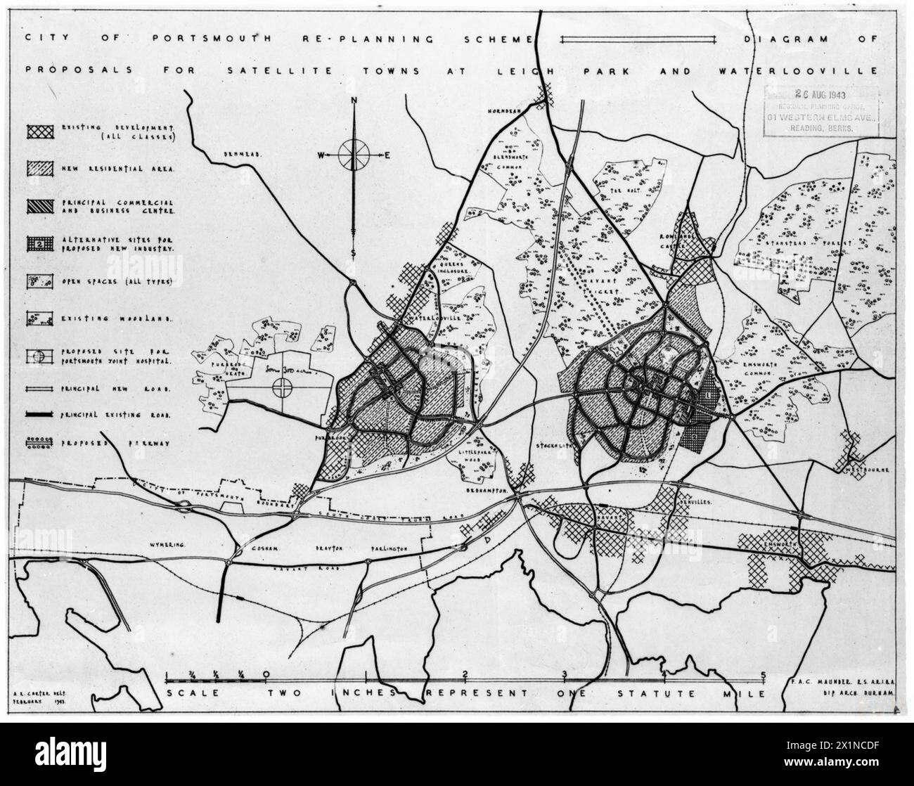 Ein Diagramm zeigt geplante Satellitenstädte in Leigh und Waterlooville als Teil der Nachkriegsplanung und des Wiederaufbaus in Portsmouth, Großbritannien. Stockfoto