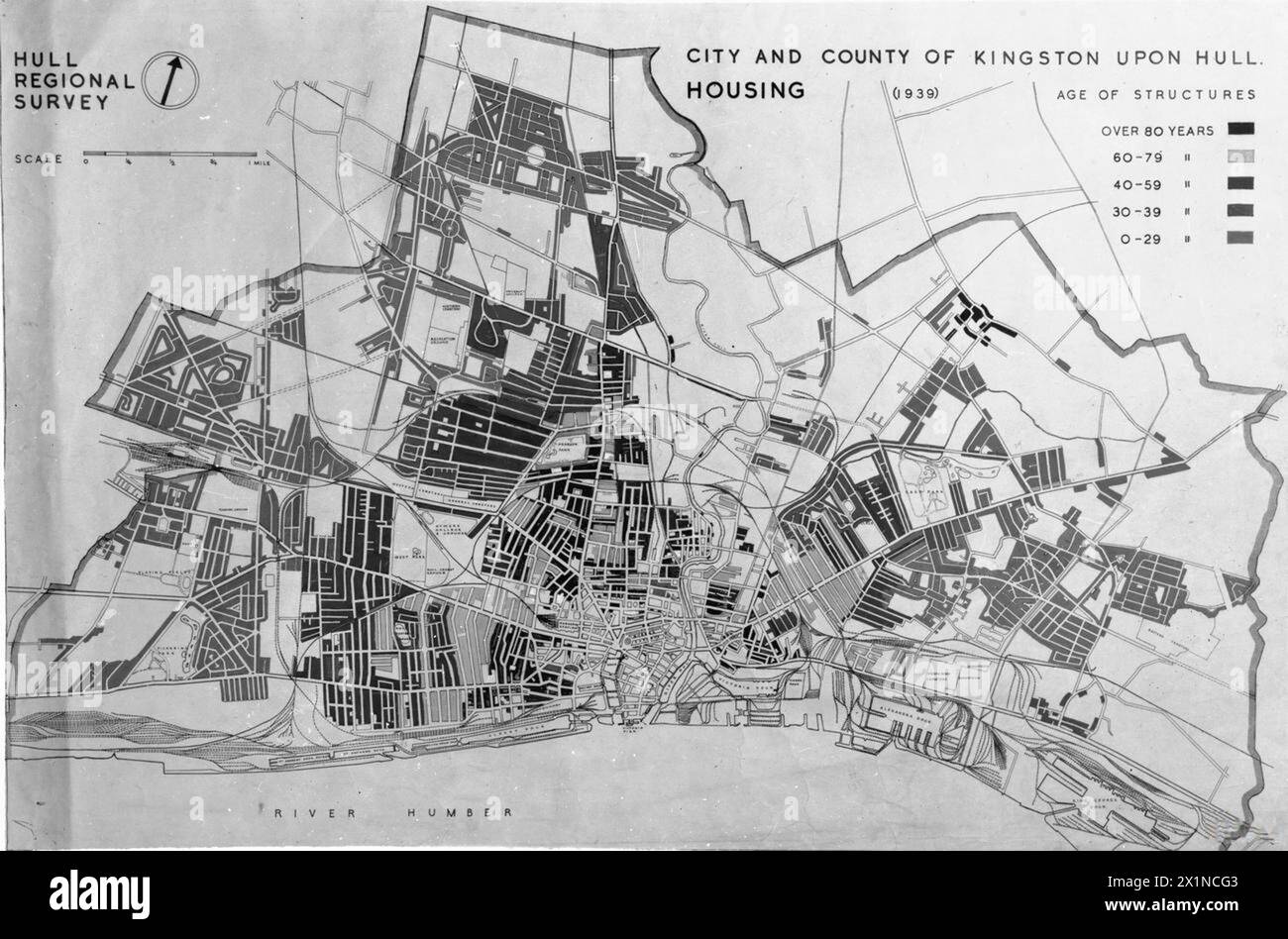 Karte von Hull mit der Verteilung von Wohnhäusern nach Alter der Immobilie in der Stadt im Jahr 1939, Teil der Nachkriegsplanung und regionalen Erhebung in Großbritannien. Stockfoto
