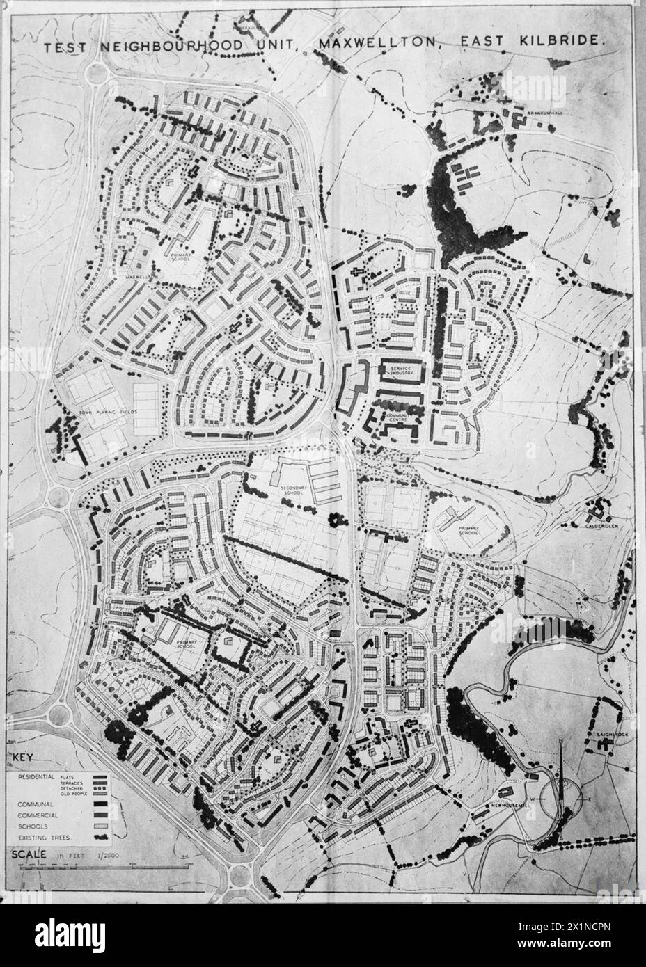 1950 wurde geplant, die erste Nachbarschaftseinheit in Maxwellton für die Entwicklung der East Kilbride New Town in Schottland zu errichten. Stockfoto