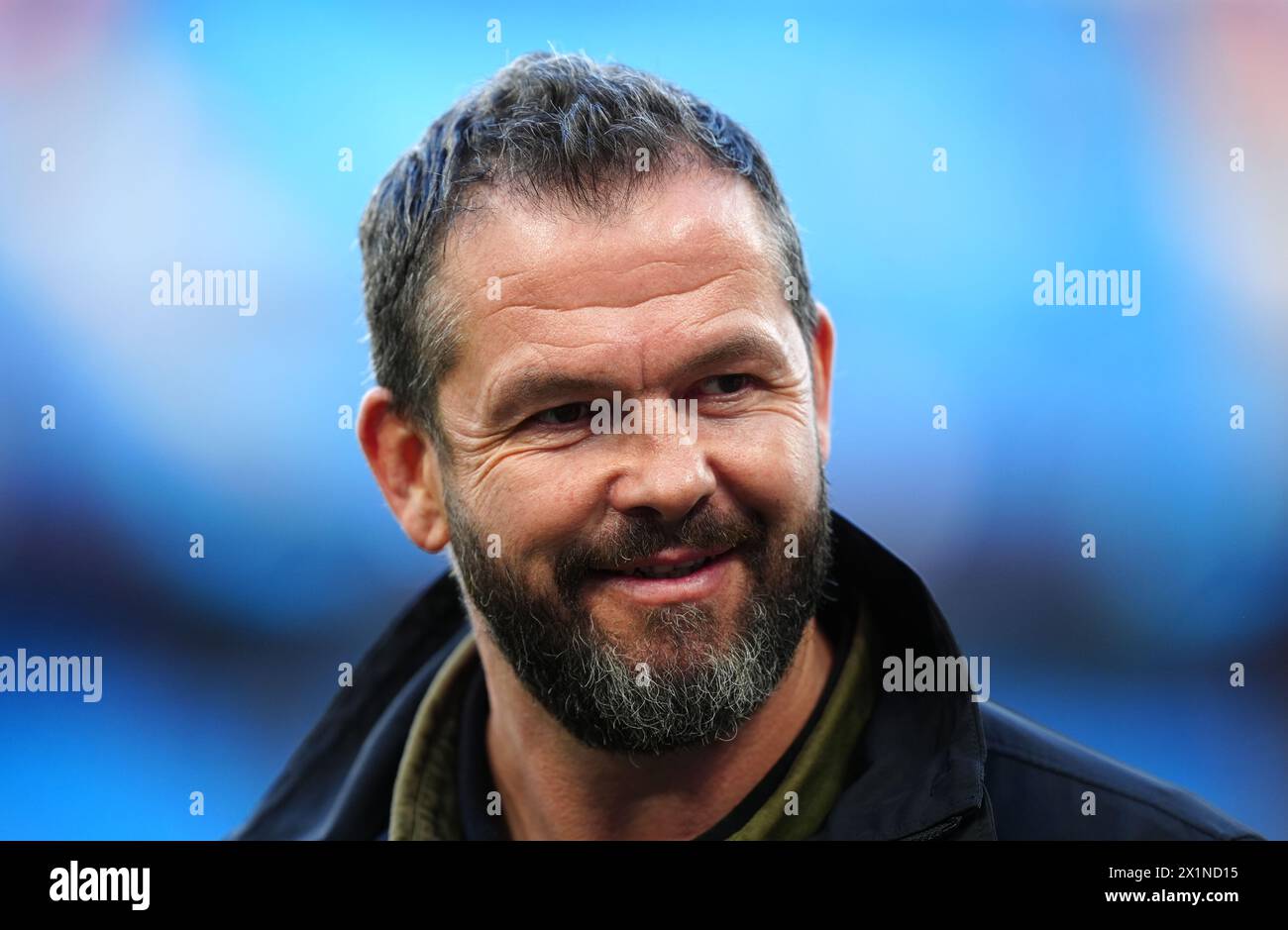 Irland Rugby-Cheftrainer Andy Farrell vor dem Viertelfinale der UEFA Champions League, dem zweiten Legspiel im Etihad Stadium, Manchester. Bilddatum: Mittwoch, 17. April 2024. Stockfoto