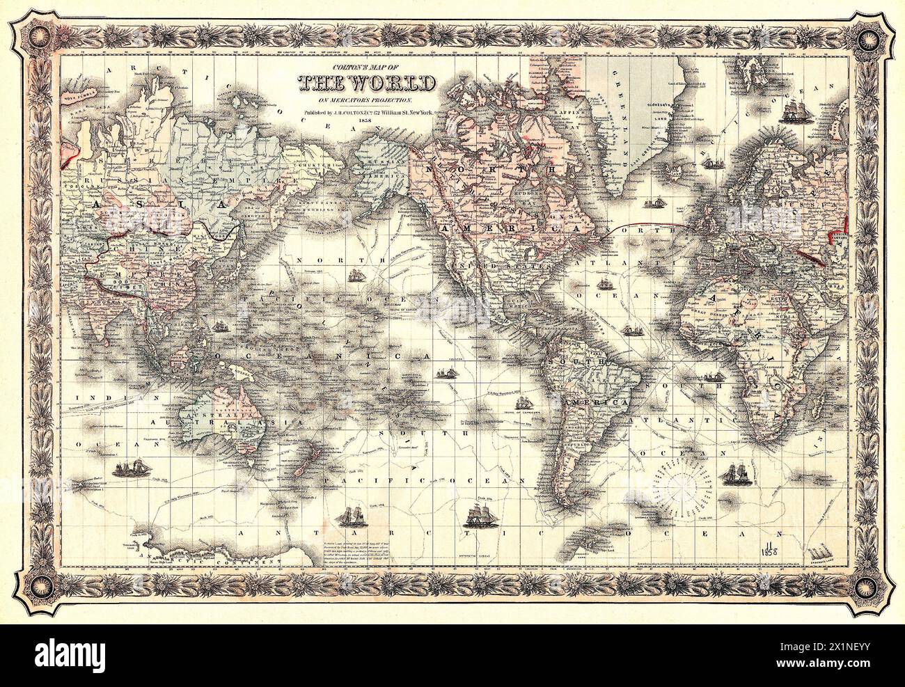 Colton's Map of the World on Mercator's Projection (1858) von J.H. Colton & Co. Original aus der Beinecke Rare Book & Manuscript Library. Stockfoto