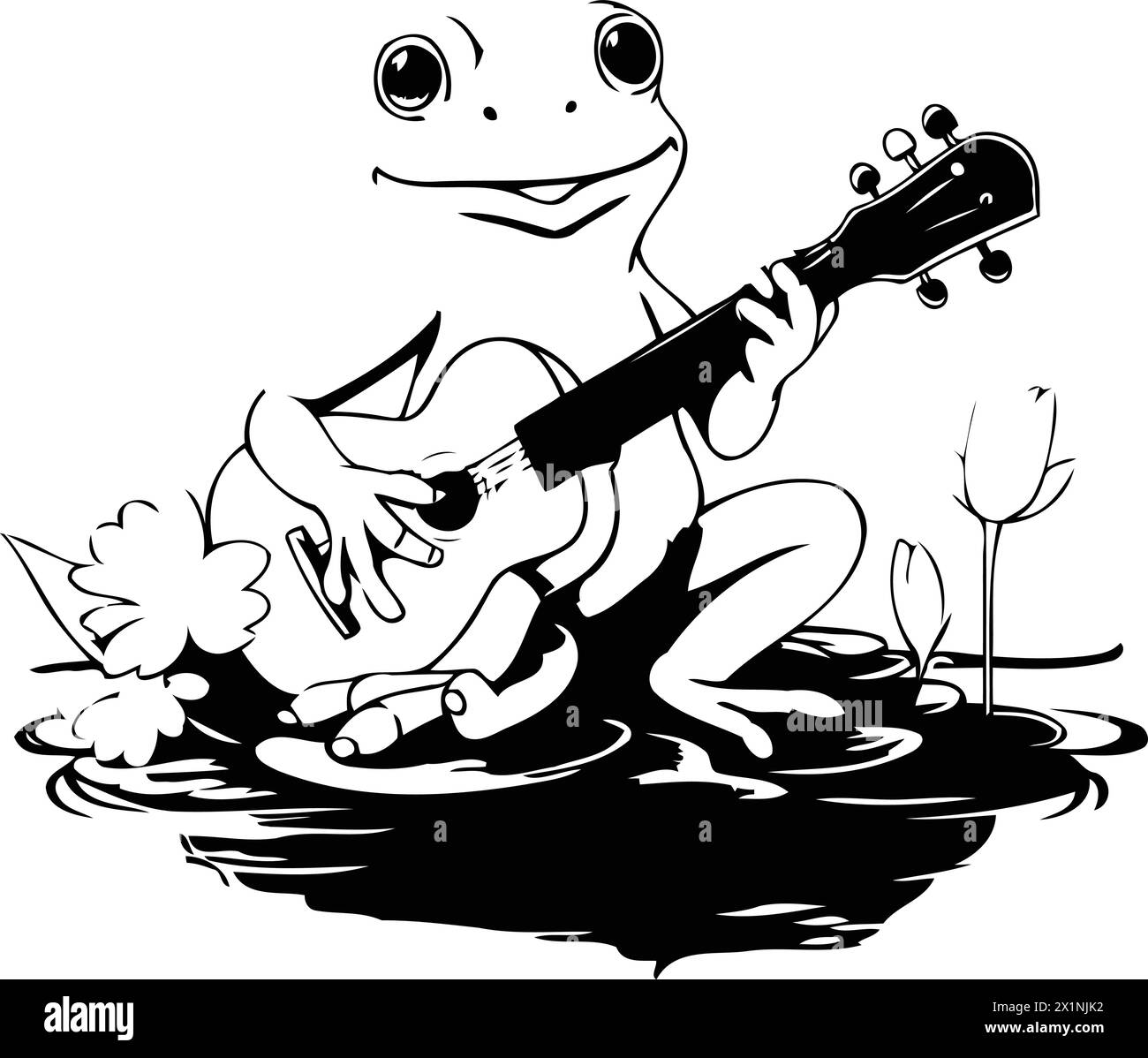 Frosch spielt Gitarre auf einem Teich mit Lilien. Vektorabbildung. Stock Vektor