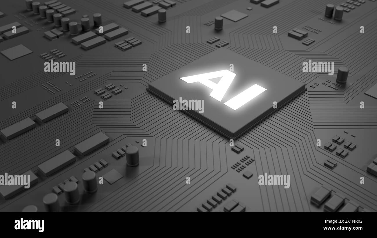 AI-Chip. Dunkelgrauer Chip auf der Leiterplatte. Technologischer Hintergrund. Künstliche Intelligenz. 3D-Abbildung. Stockfoto