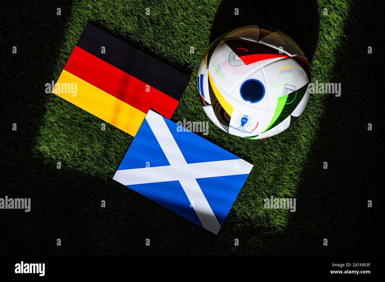 BERLIN, DEUTSCHLAND, 17. APRIL 2024: Deutschland gegen Schottland, Euro 2024 Gruppe A Fußballspiel in der Fußball Arena München, München, 14. Juni 2024, offizieller Ball o Stockfoto