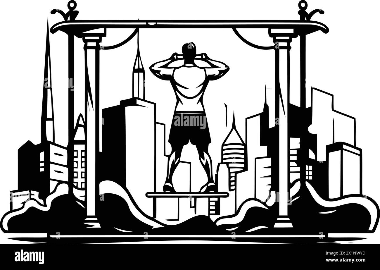 Logo des Fitnesscenters. Vektor-Illustration eines Mannes, der Crossfit in der Stadt macht. Stock Vektor
