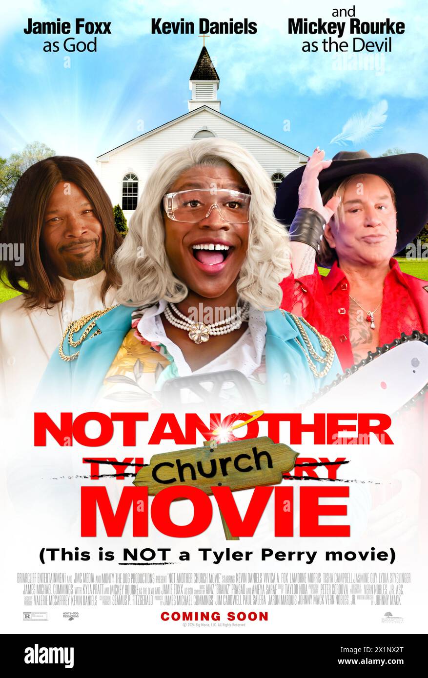 Not Another Church Movie (2024) von James Michael Cummings und Johnny Mack mit Mickey Rourke, Lamorne Morris und Jamie Foxx. Taylor Pherry (NICHT Tyler Perry) ist auf einer Mission Gottes, die Geschichten seiner Familie zu erzählen und seine Gemeinschaft in dieser Spoofe-Komödie zu inspirieren. US-Poster mit einem Blatt.***NUR REDAKTIONELLE VERWENDUNG*** Guthaben: BFA / Briarcliff Entertainment Stockfoto