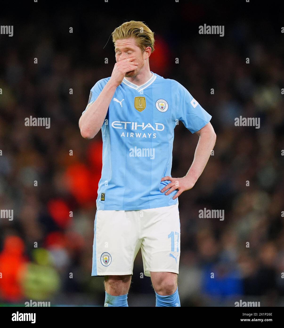 Kevin de Bruyne von Manchester City im Viertelfinale der UEFA Champions League, im zweiten Legspiel im Etihad Stadium, Manchester. Bilddatum: Mittwoch, 17. April 2024. Stockfoto