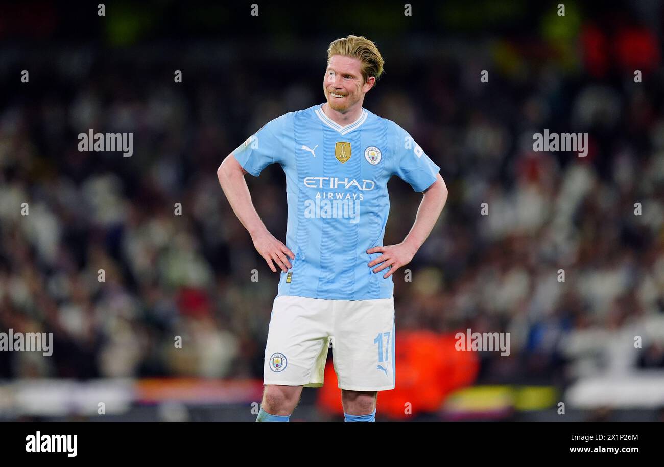 Kevin de Bruyne von Manchester City im Viertelfinale der UEFA Champions League, im zweiten Legspiel im Etihad Stadium, Manchester. Bilddatum: Mittwoch, 17. April 2024. Stockfoto