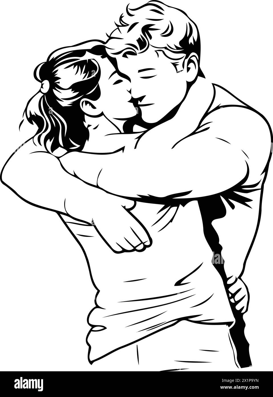 Vektor-Illustration eines liebevollen Paares, das sich auf einem orangen Hintergrund umarmt. Stock Vektor