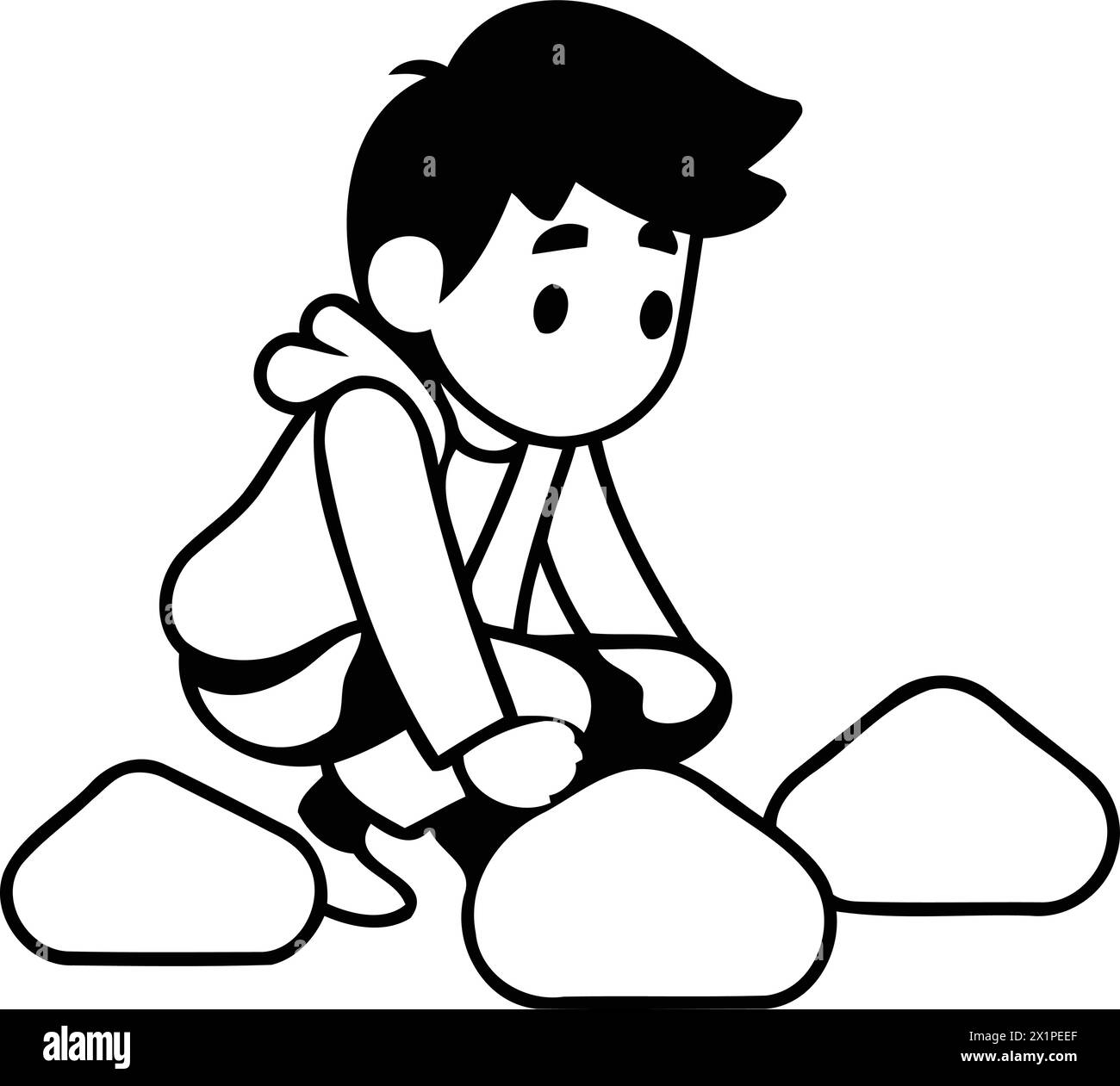 Trauriger Junge, der auf einem Haufen Steine sitzt. Vektorillustration im Cartoon-Stil. Stock Vektor