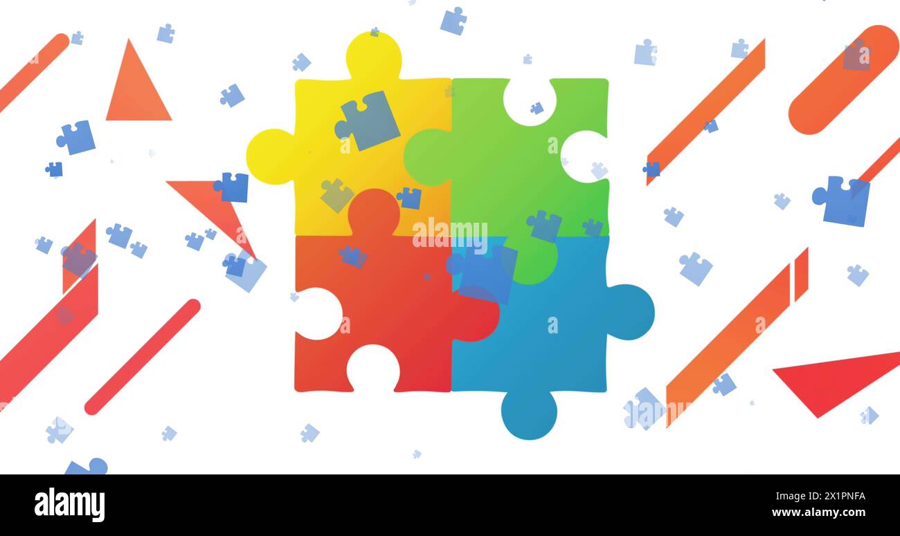 Bunte Puzzleteile verbinden sich in der Mitte, kleine Teile verstreut Stockfoto