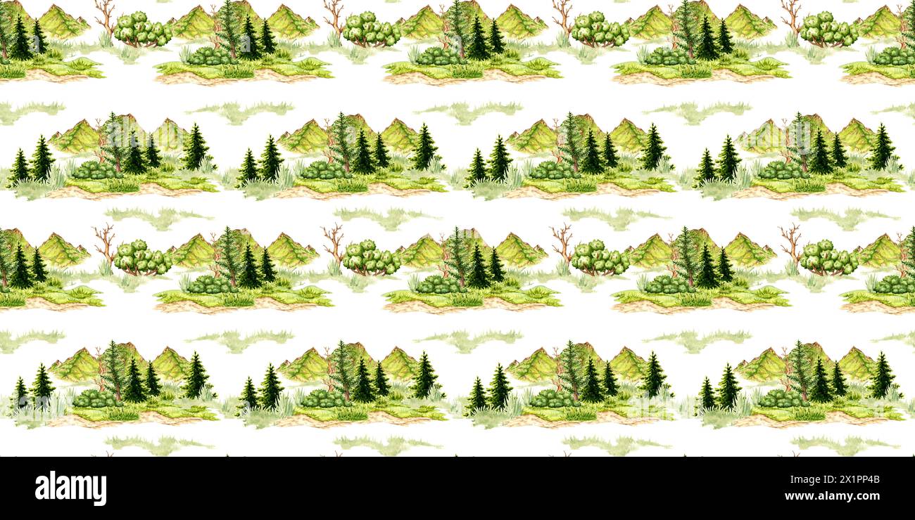 Aquarellillustration der natürlichen Landschaft isoliert vom Hintergrund. Wildtierszene im Wald mit grünem Gras, Bergkämmen, Bäumen und Büschen. Für Stockfoto