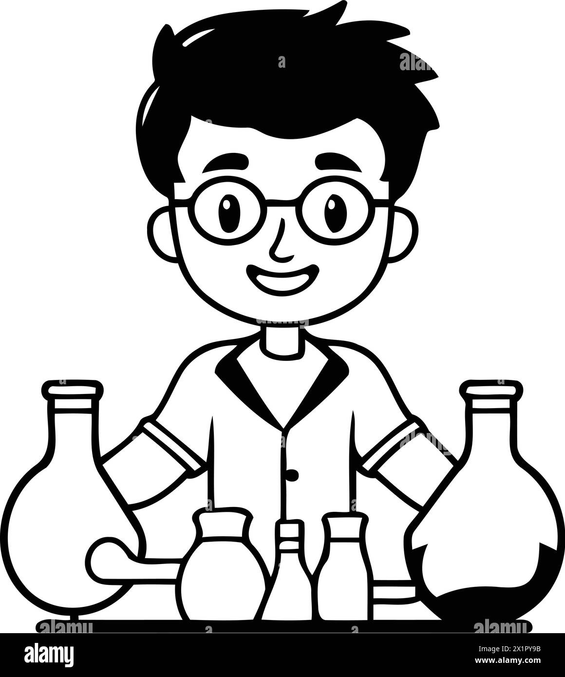 Cartoon-Wissenschaftler mit Chemikalienkolben und Reagenzgläsern. Vektorabbildung. Stock Vektor