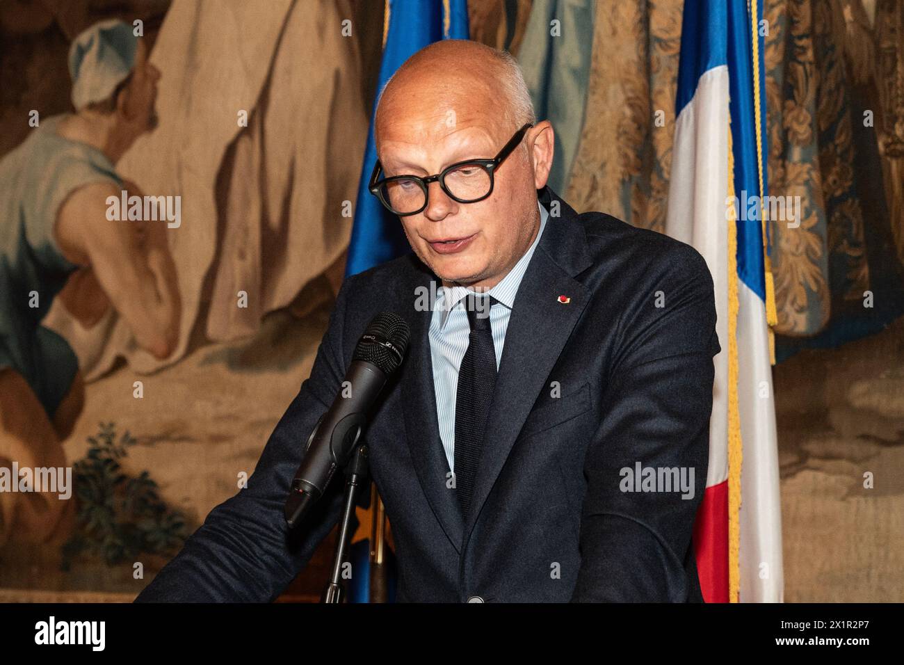 Edouard Philippe spricht während der Feier des 500. Jahrestages der Entdeckung der New Yorker Bucht durch Verrazzano am 18. April 2024 im französischen Konsulat in New York Stockfoto