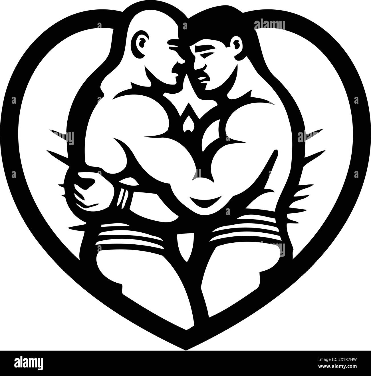 Vektor-Illustration von zwei starken Männern, die sich in Herzform umarmen. Stock Vektor