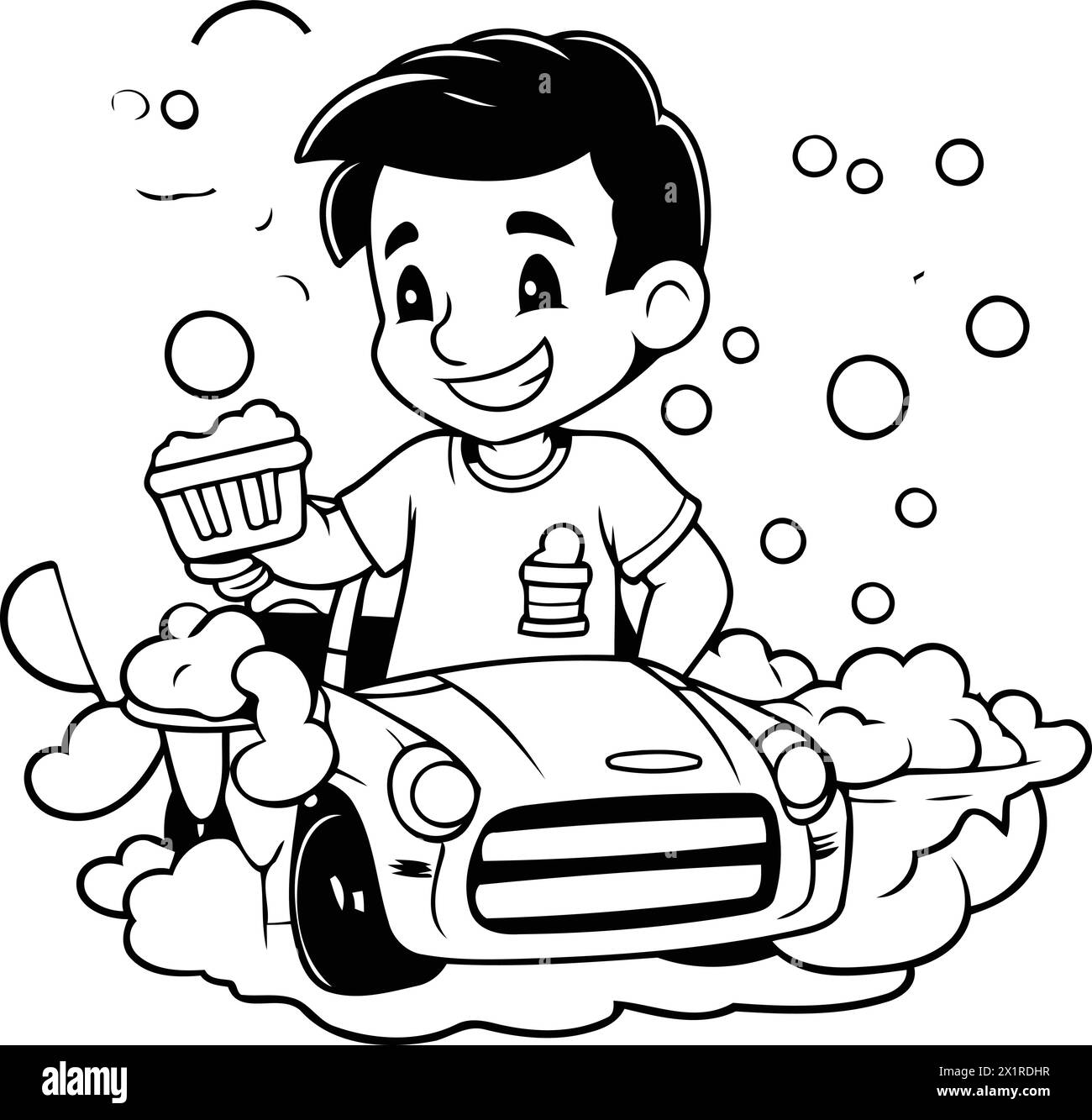 Cartoon-Mann, der das Auto mit Schwamm und Eimer reinigt. Vektorabbildung. Stock Vektor