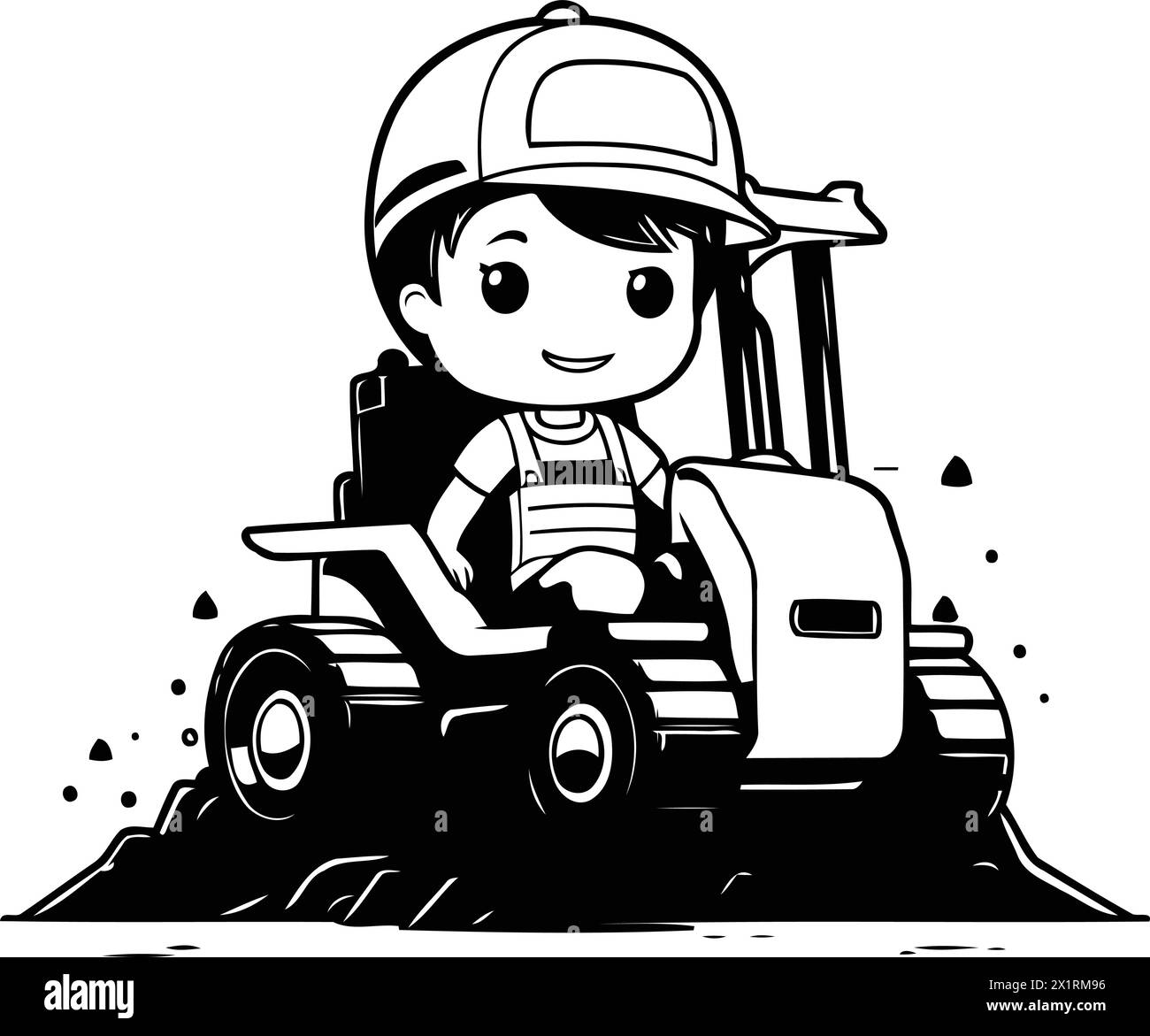 Süßer kleiner Junge, der einen Bulldozer fährt. Vektor-Zeichentrick-Illustration. Stock Vektor