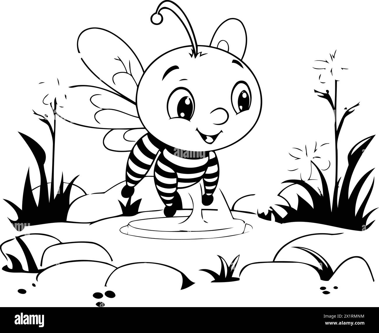 Cartoon Biene auf einem Teich mit Wasser und Blumen im Hintergrund Stock Vektor
