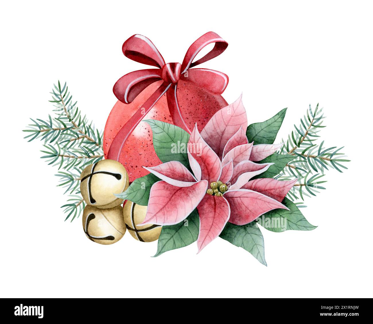 Weihnachtskugel-Ornament mit roter Schleife, goldenen Jingle-Glocken und Weihnachtsstern-Blumen-Aquarellillustration Stockfoto