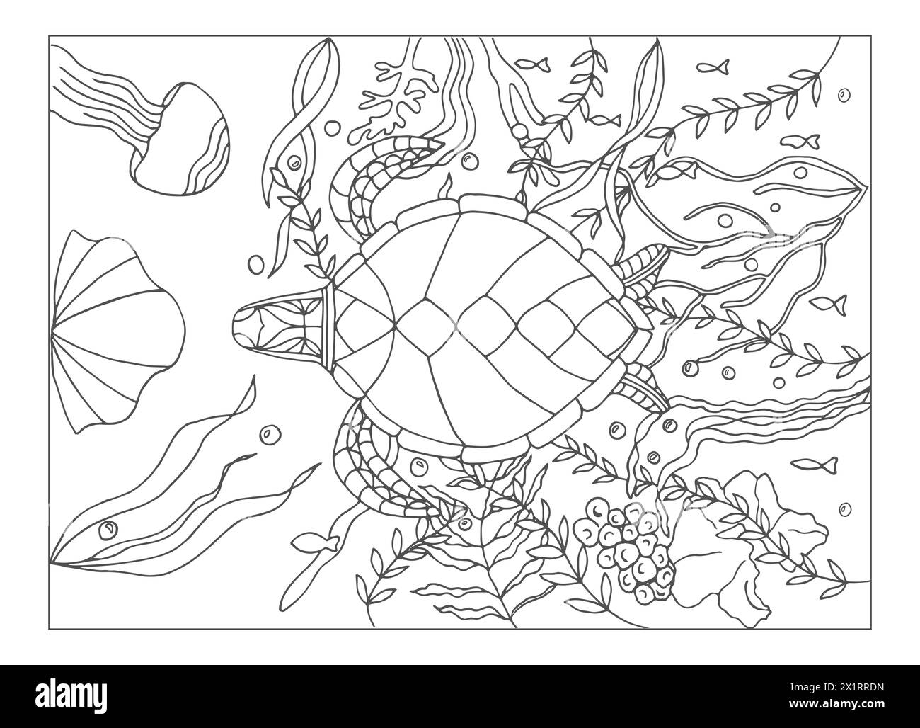 Eine schwimmende Schildkröte. Malschildkröten, handgezeichnet für Entspannung und Stressabbau. Malbuch für Erwachsene mit Kritzeleien, zentangle-Design-Element Stockfoto