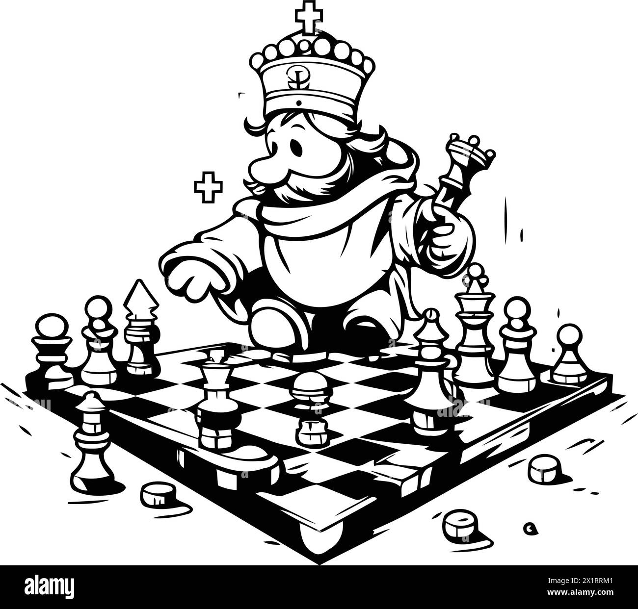Schachkönig mit Krone und Schachbrett. Vektorabbildung. Stock Vektor