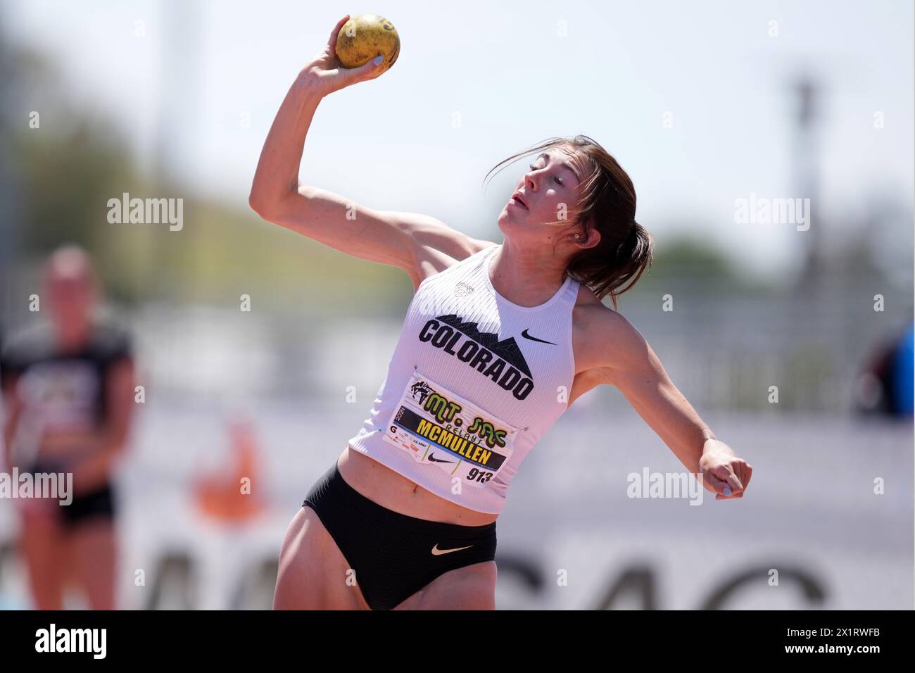 Avery McMullen aus Colorado wirft 37-5 (40 m) im Heptathlonschuss während des 64. Mt. San Antonio College Relays im Hilmer Lodge Stadium, Mittwoch, 17. April 2024, in Walnut, Kalif. Stockfoto