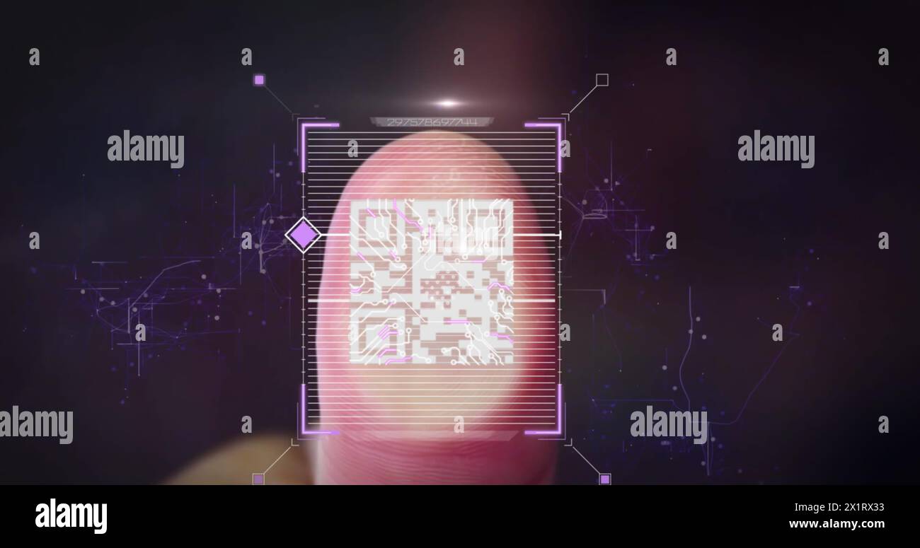 Ein Fingerabdruck wird gescannt, umgeben von digitalen Grafiken Stockfoto