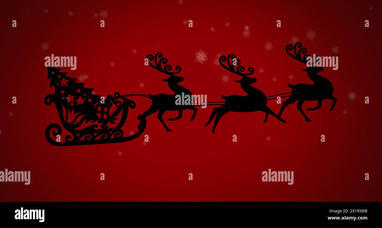 Santa Claus fährt im Schlitten, gezogen von Rentieren, fliegt über roten Hintergrund Stockfoto