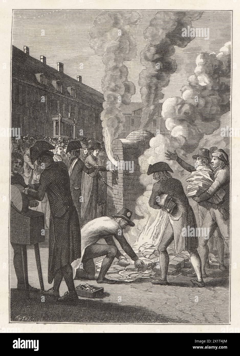 Französische Beamte verbrennen Schuldscheindarlehen nach dem Währungsausfall am 19. Februar 1796, Ära des französischen Verzeichnisses. Auf Brule les weist ein Paris zu, 19 Fevrier 1796. Holzschnitt von Huyot nach einem deutschen Stich aus Paul Lacroix's Directoire, Consulat et Empire, (Directory, Consulat and Empire), Paris, 1884. Stockfoto