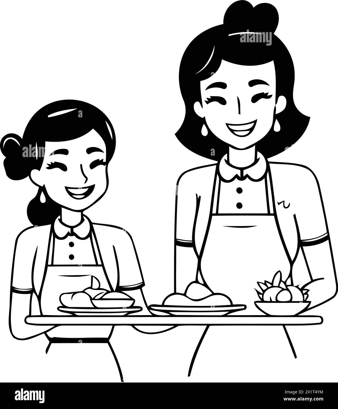 Mutter und Tochter kochen zusammen. Vektorabbildung in abgewickelter Form. Stock Vektor