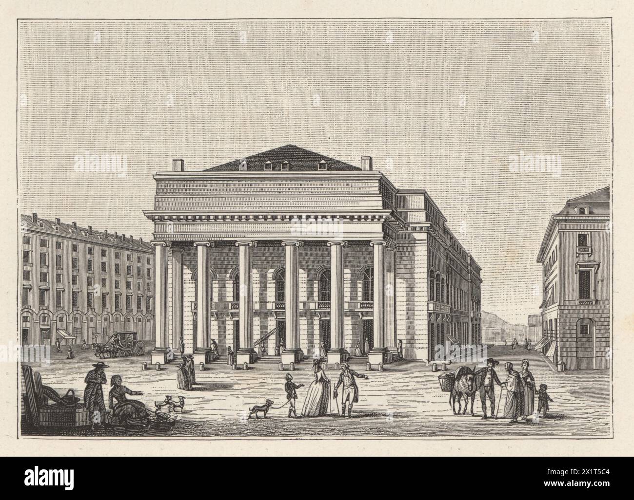 Salle Favart, Heimat des italienischen Theaters und der Oper in Paris, erbaut 1783 vom Architekten Jean-Francois Heurtier. Salle du nouveau Theatre-Italien, dite Salle Favart, Construite sur l'emplacement de l'Hotel Choiseui. Holzschnitt aus Paul Lacroix's Direktoire, Consulat et Empire, (Directory, Konsulat und Empire), Paris, 1884. Stockfoto