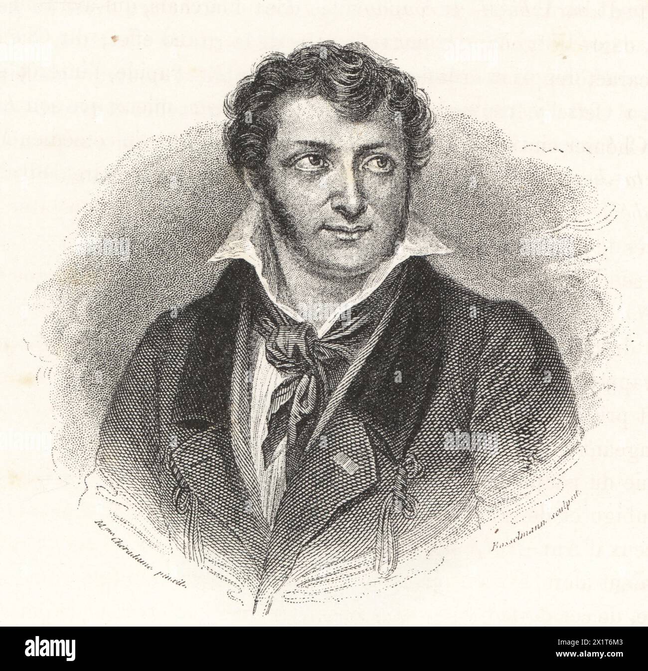 René-Charles Guilbert de Pixerécourt, französischer Theaterregisseur und Dramatiker, 1773–1844. Kupferstich von Bosselmann nach einem Porträt von Sophie Chéradame aus Paul Lacroix' Direktoire, Consulat et Empire, (Verzeichnis, Konsulat und Empire), Paris, 1884. Stockfoto