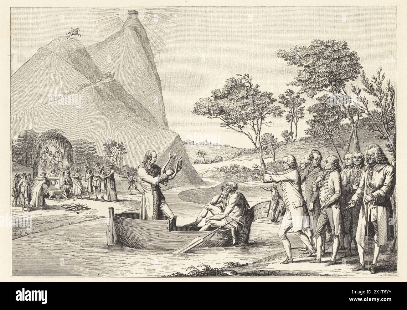 Der französische Komponist André Grétry kommt auf den elysischen Feldern an. Gretry spielt eine Leier, während er Charons Boot über den Fluss Acheron fährt. Französische Schriftsteller sehen ihn ab. Gretry aux champs Elysees. Stich von Jean Duplessis-Bertaux aus einer Illustration von Adrien Jean Baptiste Muffat Joly. Von Paul Lacroix's Directoire, Consulat et Empire, (Directory, Konsulat und Empire), Paris, 1884. Stockfoto