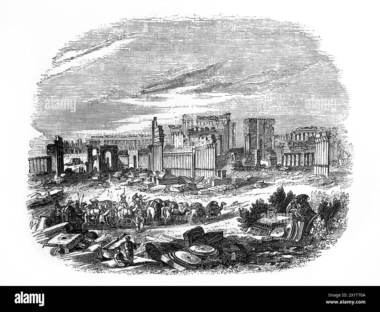 Holzgravierung von Palmyra Allgemeine Ansicht der wichtigsten Ruinen von Cassas in der illustrierten Familienbibel des 19. Jahrhunderts Stockfoto