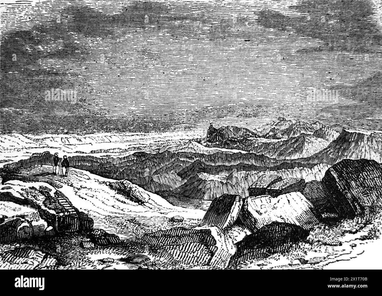 Holzgravierung des Landes Edom mit dem Berg Seir in der Ferne - Edom war ein altes Königreich in biblischer Zeit aus der illustrierten Familienbibel Stockfoto
