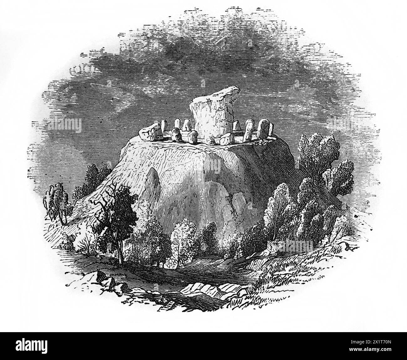 Holzgravierung des Agglestone Rock, bevor er auf seiner Seite fiel Isle of Purbeck Dorset England aus dem 19. Jahrhundert illustrierte Familienbibel Stockfoto