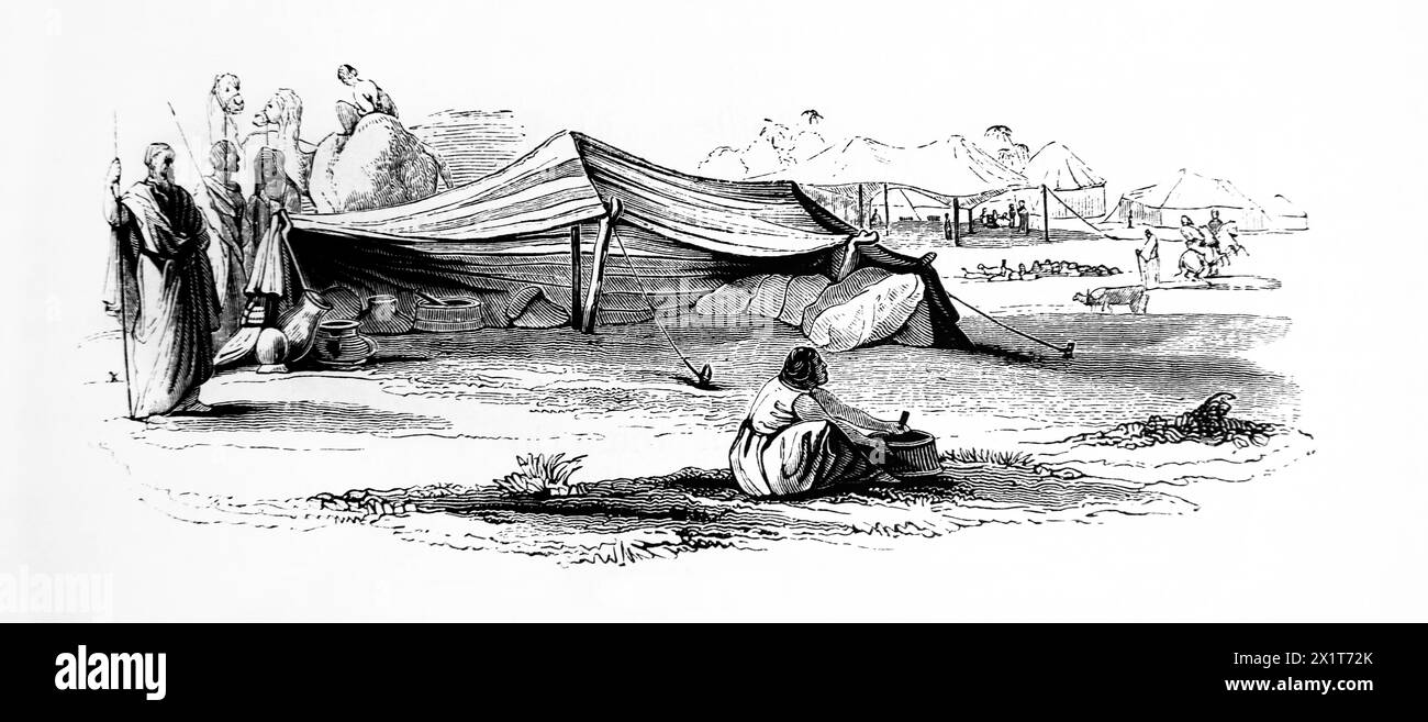 Holzgravur arabischer Zelte aus einer illustrierten Familienbibel aus dem 19. Jahrhundert Stockfoto