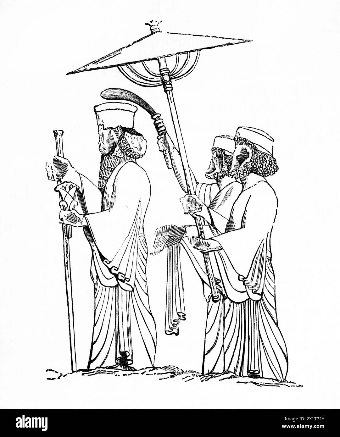 Holzstich eines persischen Königs Xerxes I. mit Servants Holdin Umbrella aus dem antiken Basrelief in Persepolis in Ker Porters Reisen von 1 Stockfoto