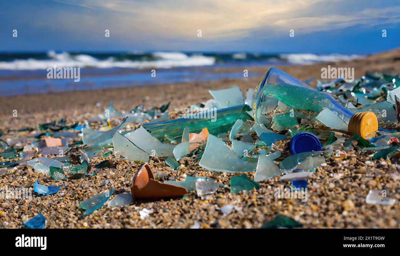 Scherben, Glas, Umweltverschmutzung am Meeresstrand, digital bearbeitet Stockfoto
