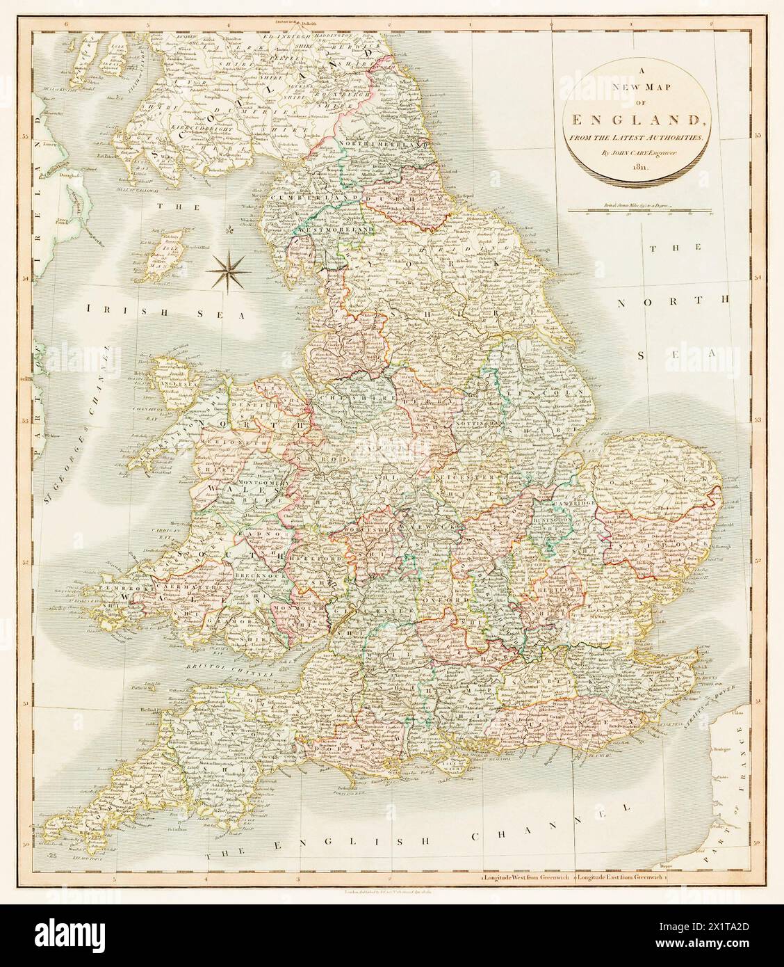 Eine neue Karte von England (1811) von John Cary. Stockfoto