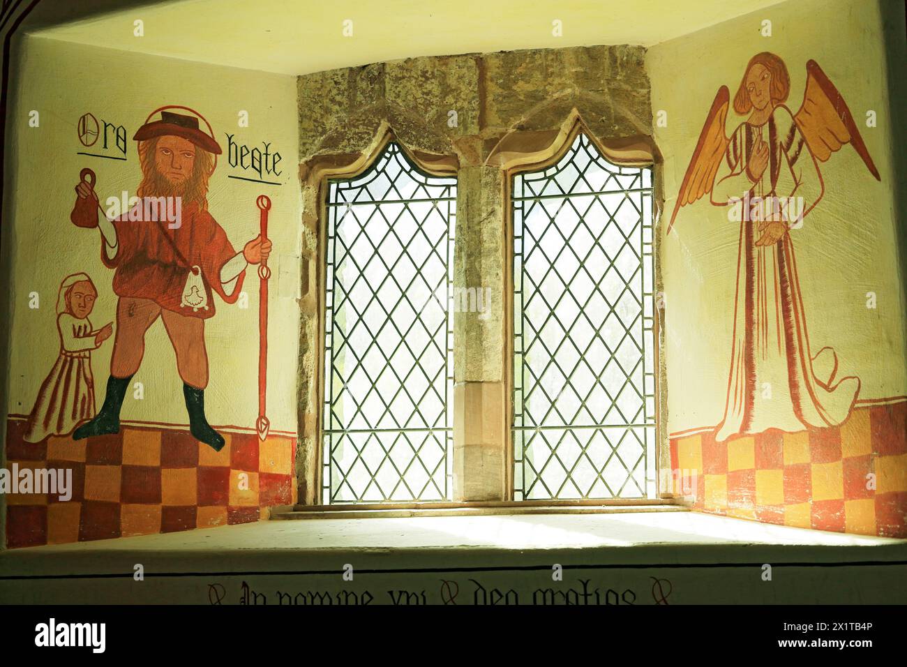 Wandmalerei im Inneren der Kirche Llandeilo Tal y Bont, St. Fagans National Museum of History/Amgueddfa Werin Cymru, Cardiff, Südwales. Stockfoto