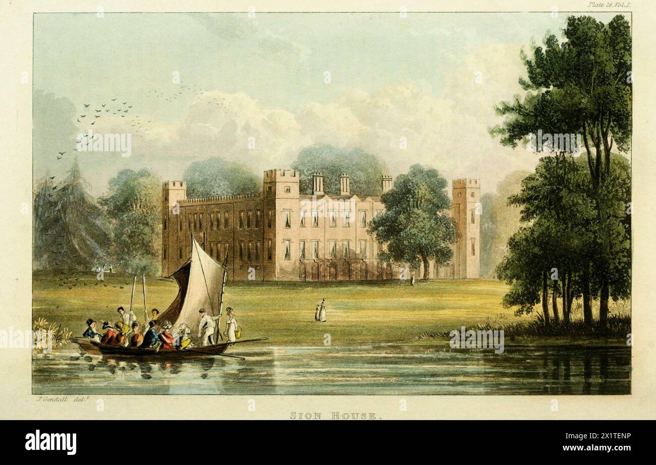 „Sion House“ (Syon). Vintage Historical Print from Repository of Arts, herausgegeben von Rudolph Ackermann, 1810er Jahre Syon House ist die westliche Londoner Residenz des Duke of Northumberland und liegt im Syon Park im London Borough of Hounslow. Stockfoto