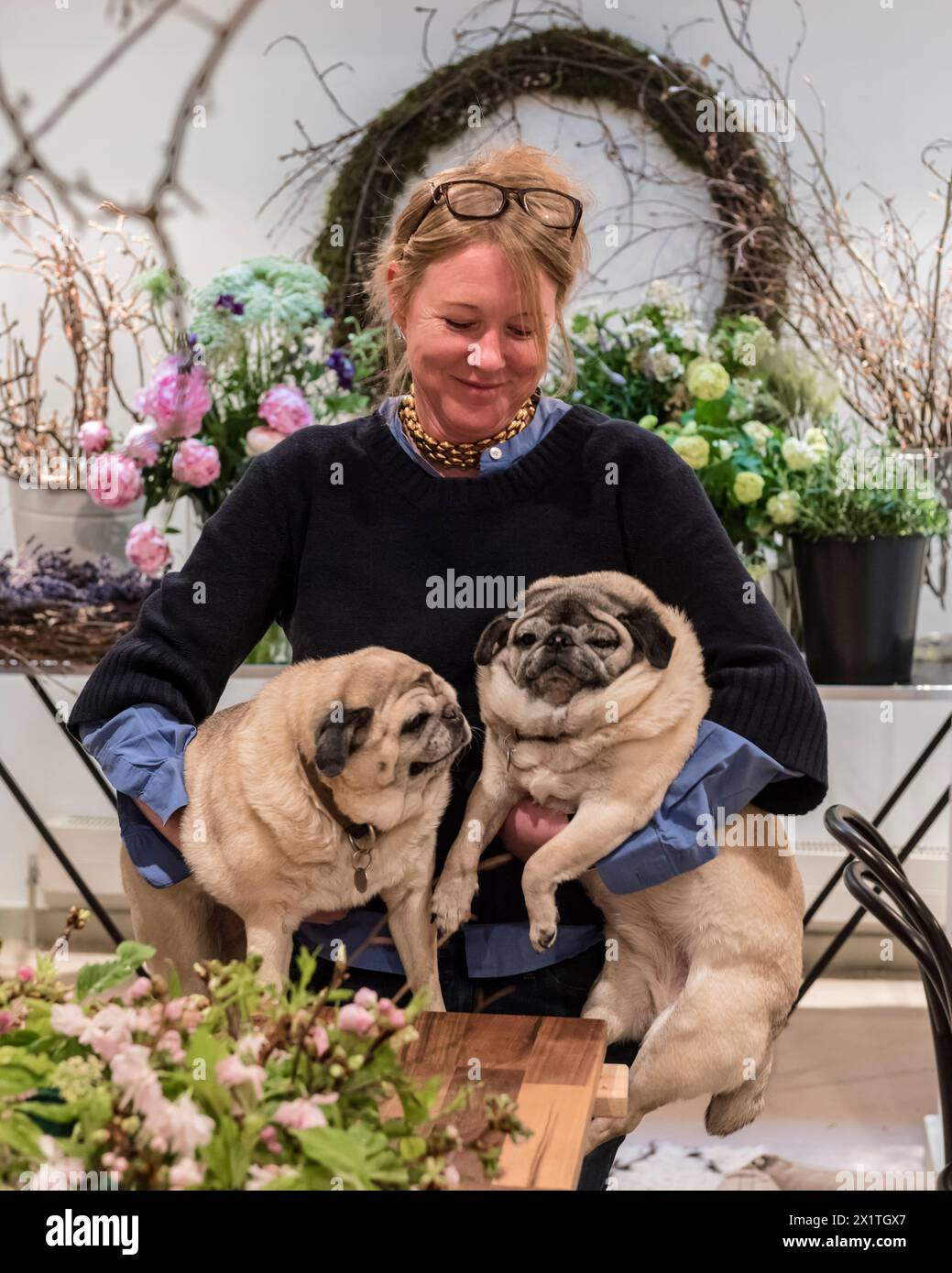 Porträt eines Hausbesitzers mit zwei Hunden, Chelsea, London, Großbritannien Stockfoto