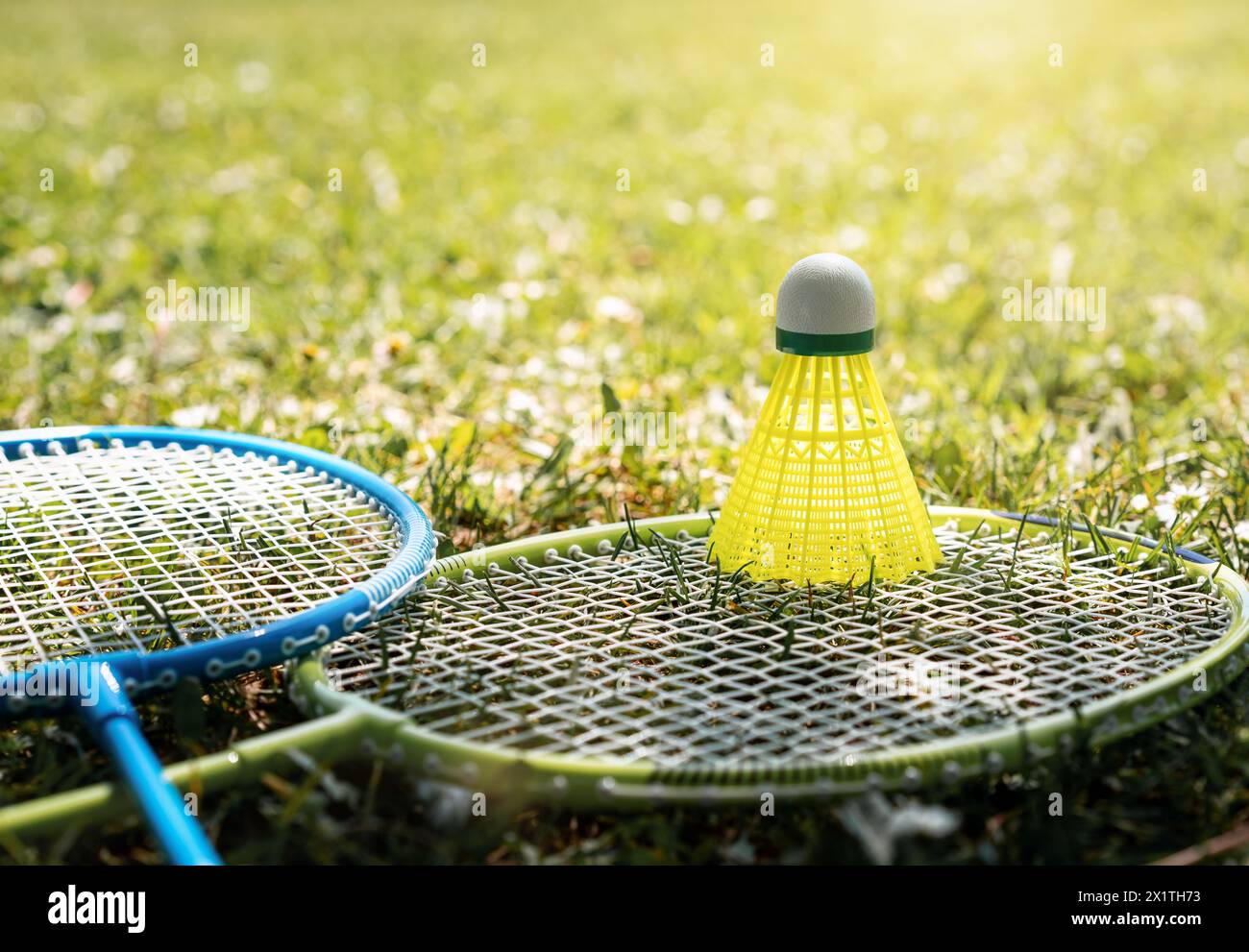 Zwei Badmintonschläger und gelber Shuttlecock auf dem grünen Gras. Sommer Freizeit und Sportaktivitäten. Stockfoto