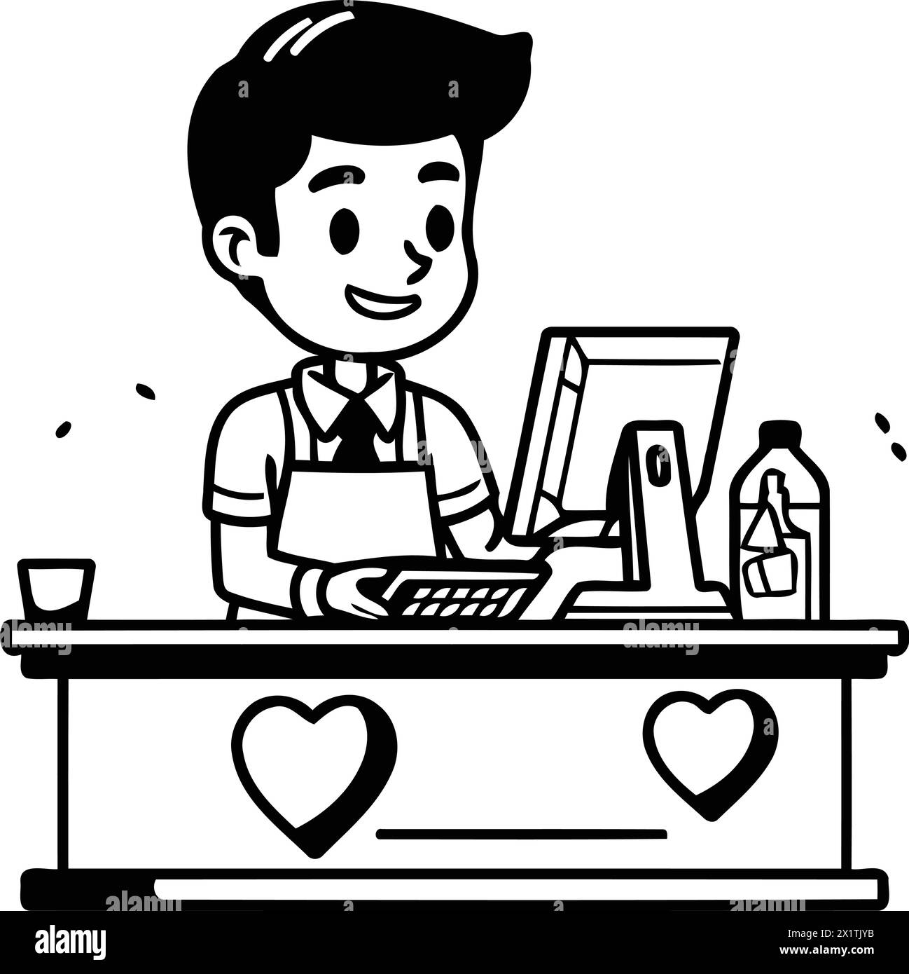 Vektor-Illustration eines Barkeepers, der an der Theke mit einem Laptop arbeitet Stock Vektor