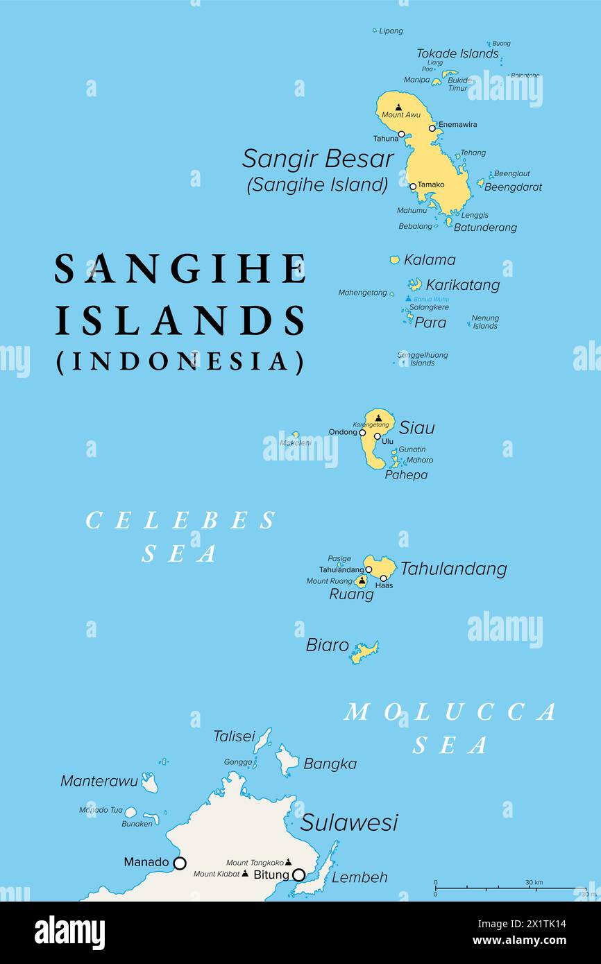 Sangihe-Inseln, Inselgruppe in Indonesien, politische Karte. Sangir, Sanghir oder Sangi Inseln, nördlich von Sulawesi, zwischen Celebes und Molukkensee. Stockfoto