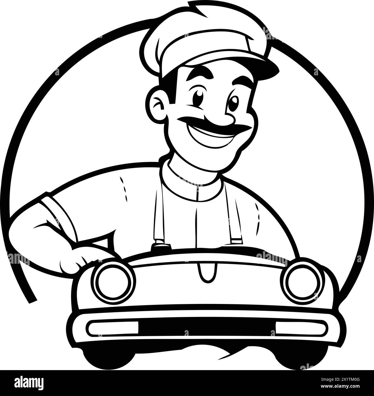 Koch wäscht Auto. Vektor-Illustration einer Zeichentrickfigur in flachem Stil. Stock Vektor